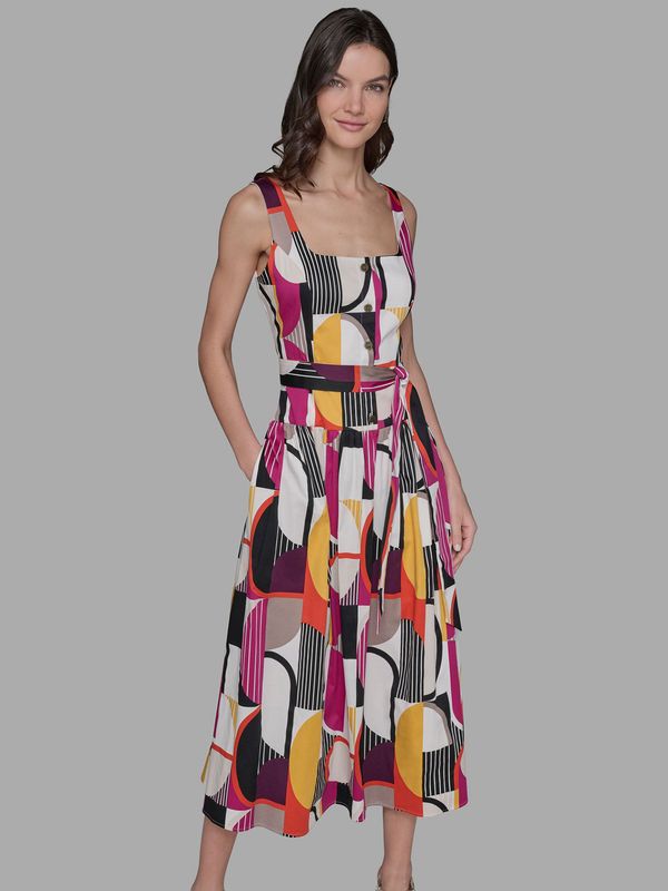 Vestido midi estampado geométrico con cinturón