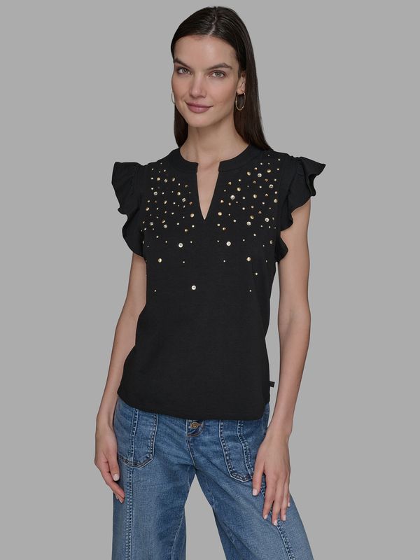 Top de punto con mangas flutter y detalles hot fix