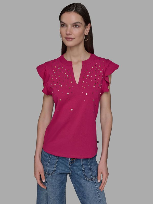 Top de punto con mangas flutter y detalles hot fix